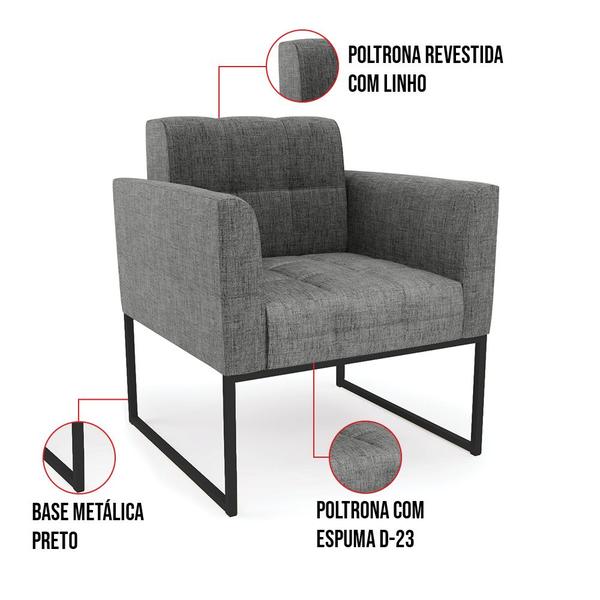 Imagem de Kit 1 Sofá Namoradeira e 1 Poltrona Elisa Linho Base Metálica Industrial Preto - D'Rossi