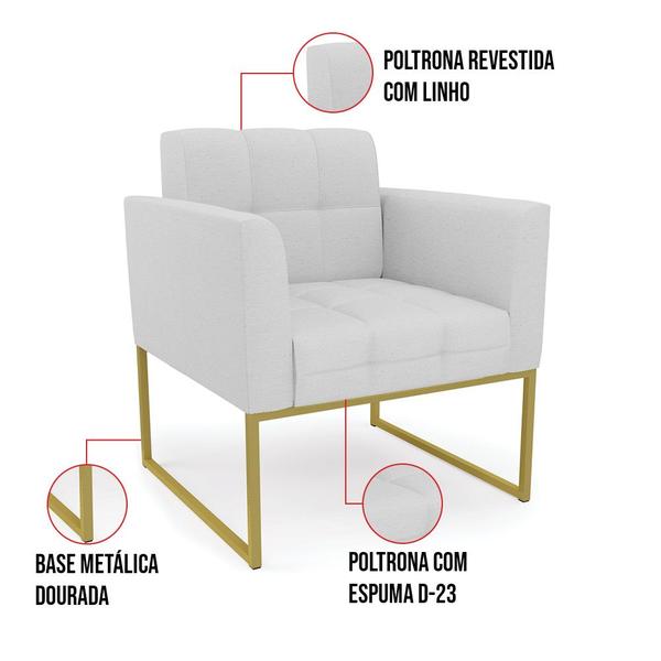 Imagem de Kit 1 Sofá Namoradeira e 1 Poltrona Elisa Linho Cinza A05 Base Metálica Industrial Dourado - D'Rossi