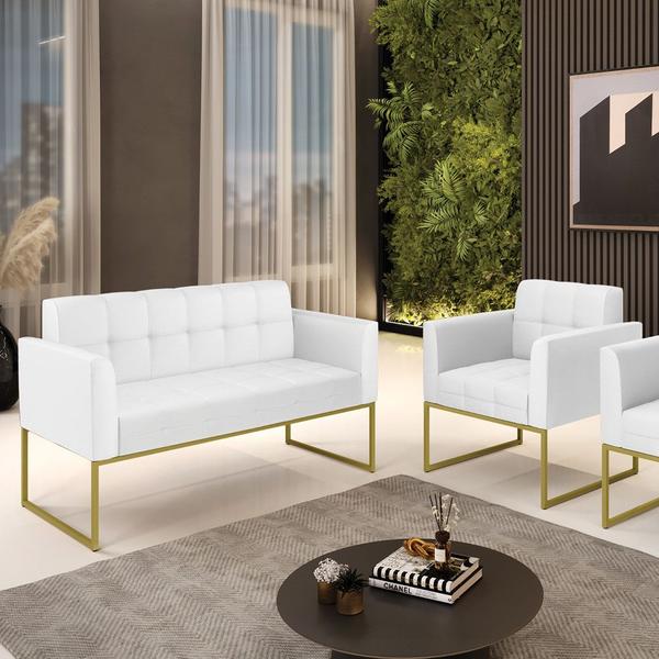 Imagem de Kit 1 Sofá Namoradeira e 1 Poltrona Elisa material sintético Branco Base Metálica Industrial Dourado - D'Rossi