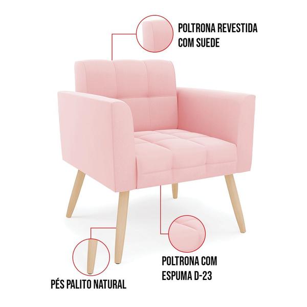 Imagem de Kit 1 Sofá Namoradeira e 1 Poltrona Elisa Suede Rosa Bebê Pés Palito Natural - D'Rossi