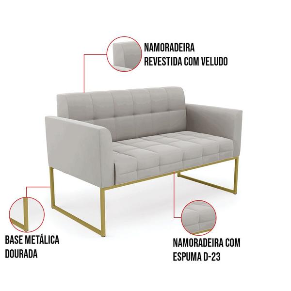 Imagem de Kit 1 Sofá Namoradeira e 1 Poltrona Elisa Veludo Base Metálica Industrial Dourado - D'Rossi