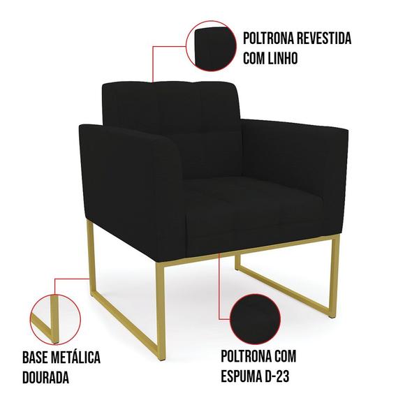 Imagem de Kit 1 Sofá Namoradeira e 2 Poltronas Elisa Linho Preto A79 Base Metálica Industrial Dourado - D'Rossi