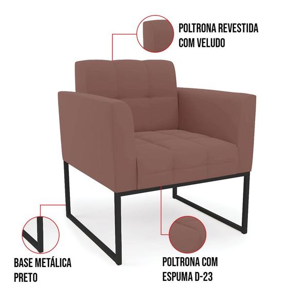 Imagem de Kit 1 Sofá Namoradeira e 2 Poltronas Elisa Veludo Base Metálica Industrial Preto - D'Rossi