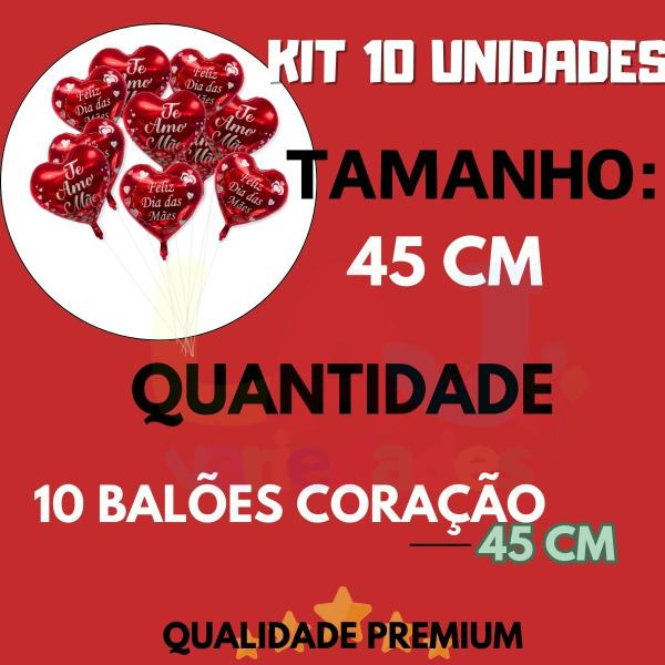 Imagem de Kit 10 Balão Coração Vermelho Dia das Mães Metalizado - 45cm