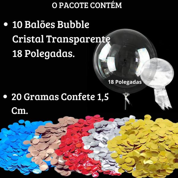 Imagem de Kit 10 balões bubble transparentes de 18 polegadas + 20g de confete colorido para decorações deslumbrantes e festivas