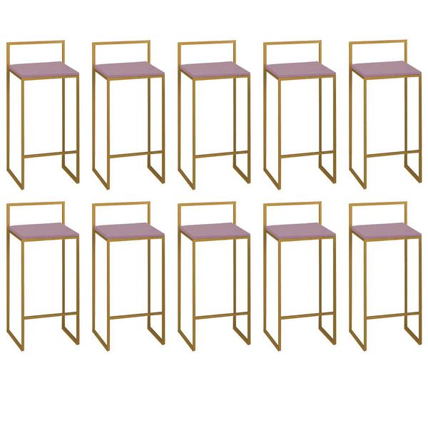 Imagem de Kit 10 Banquetas Alta Com Encosto Lino Industrial Balcão Bistrô Ferro Dourado MDF Madeira Rose Gold - Ahazzo Móveis