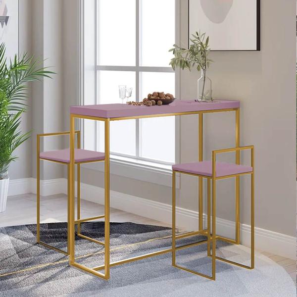 Imagem de Kit 10 Banquetas Alta Com Encosto Lino Industrial Balcão Bistrô Ferro Dourado MDF Madeira Rose Gold - Ahazzo Móveis