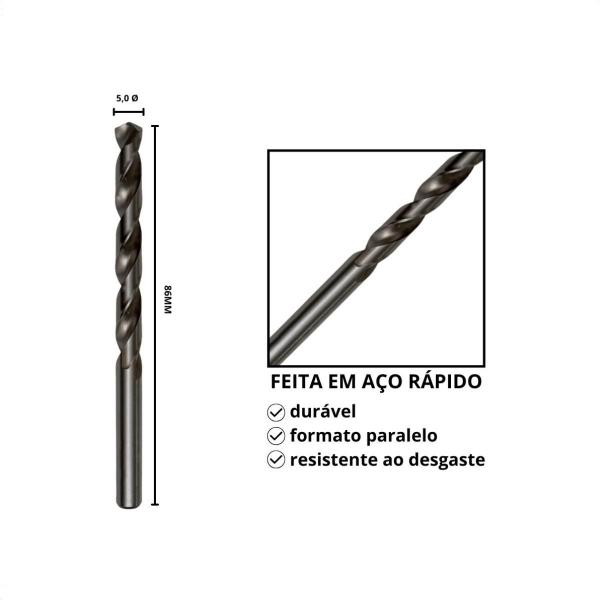 Imagem de Kit 10 Brocas Paralelas De Aço Rápido Hss 5,0Mm