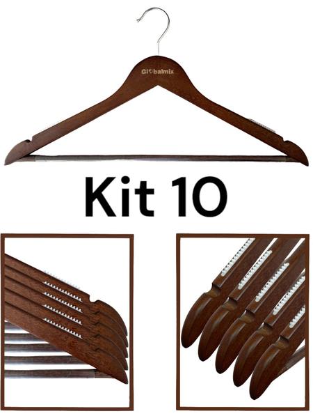 Kit 10 Cabide Madeira Vintage Silicone Antideslizante Rústic - GLOBALMIX Imagem de Kit 10 Cabide Madeira Vintage Silicone Antideslizante Rústic