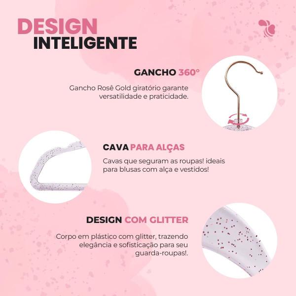 Imagem de Kit 10 Cabides Acrílico Rosa com Glitter e Gancho Rose Gold