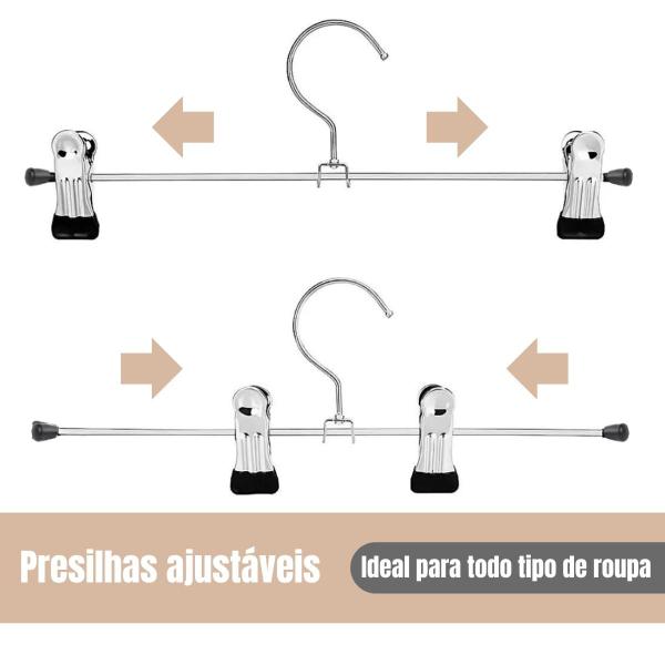 Imagem de Kit 10 Cabides Com Presilha em Metal Cromado Para Saia Calça Bermuda