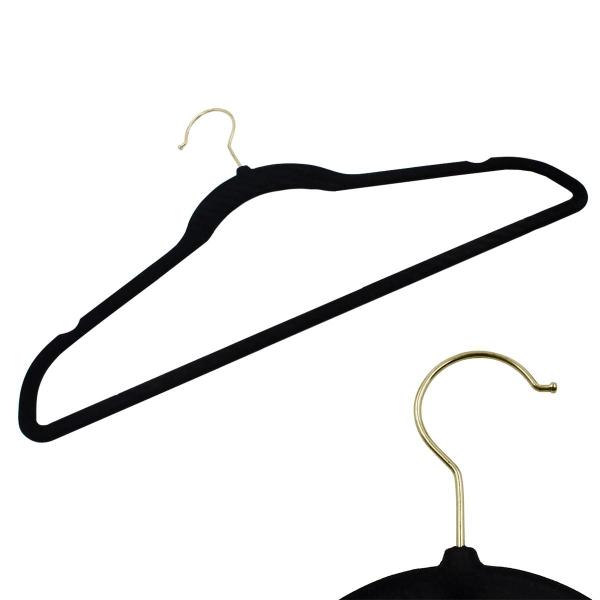 Kit 10 Cabides Veludo Preto e Gancho Dourado Antideslizantes - ARBORETHO Imagem de Kit 10 Cabides Veludo Preto e Gancho Dourado Antideslizantes