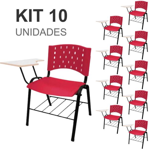 Imagem de KIT 10 Cadeiras Escolar Universitária com Prancheta e Porta Livros e apoio de braço Cor Vermelho REAPLAST