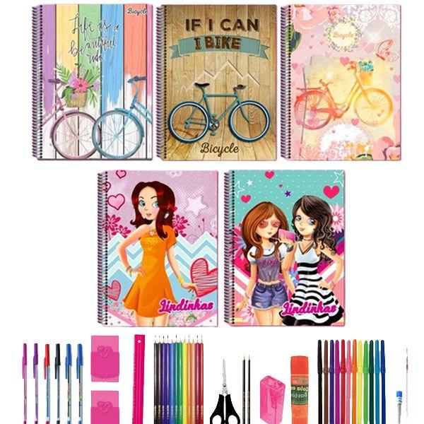 Imagem de Kit 10 Caderno Estampa Meninas Capa Dura Grande A4 Arame Com 40 Materiais Escolares