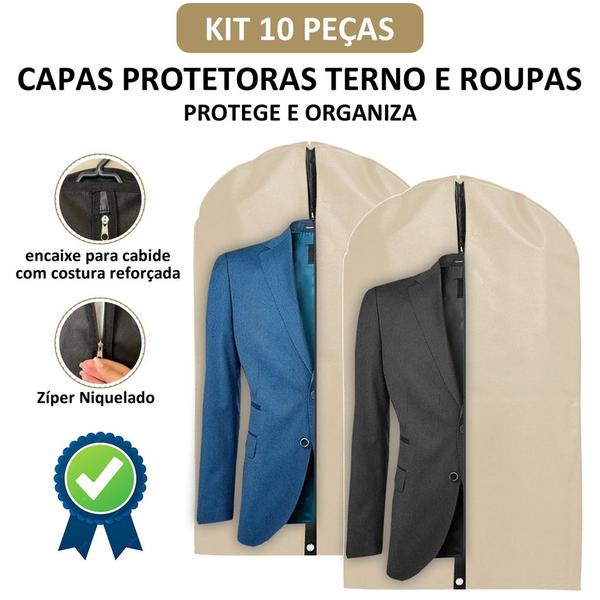 Imagem de Kit 10 Capa Protetora Para Terno Roupa Jaqueta Vestido Com Zíper TNT Impermeável Bege Clean