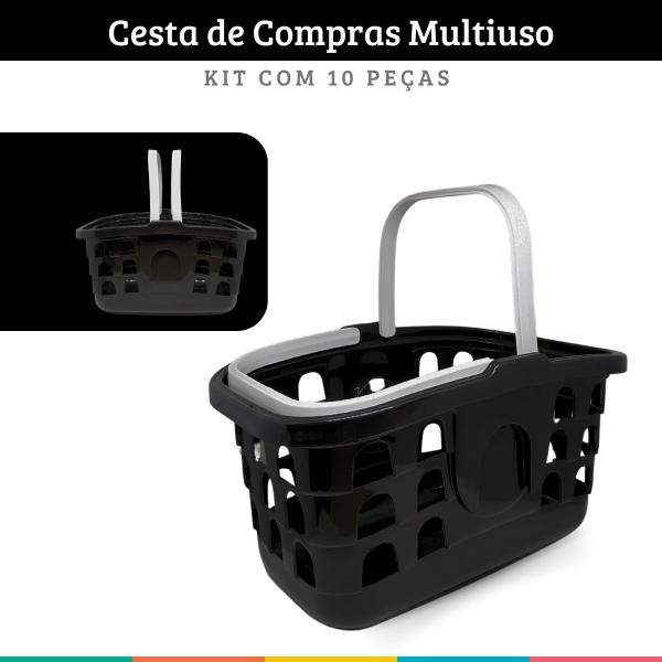 Imagem de Kit 10 Cestas Compras Cestinha Supermercado Multiuso Preta