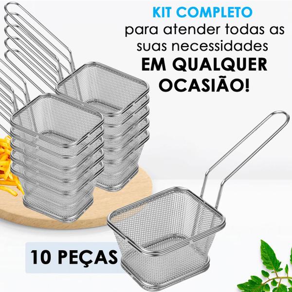 Imagem de Kit 10 Cesto Multiuso Para Cozinha Servir Porções Batata Frita Nuggets Aço Inox Reforçado