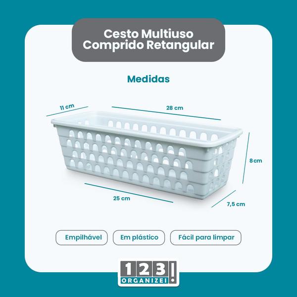 Imagem de Kit 10 Cestos Multiuso Comprido Retangular Branco 28x11x8 Cm 123Organizei