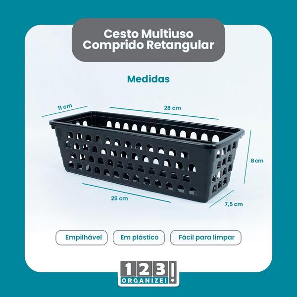 Imagem de Kit 10 Cestos Multiuso Comprido Retangular Preto 28x11x8 Cm 123Organizei