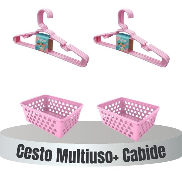 Imagem de Kit 10 Cestos Organizador Multiuso Empilhavel + 20 Cabides Infantil Rosa