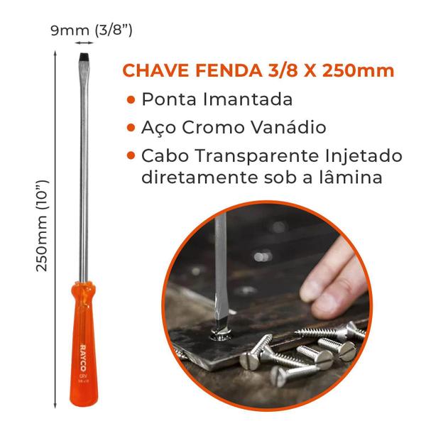 Imagem de Kit 10 Chaves De Fenda 3/16 A 3/8 Aço Cr-V Com Magnetizador