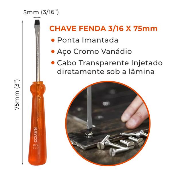 Imagem de Kit 10 Chaves de Fenda 3/16 a 3/8 Aço Cr-V com Magnetizador