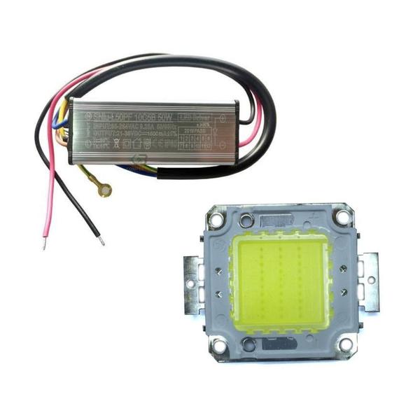 Imagem de KIT 10 Chip 50W Branco Frio 6500K + Driver Reator 1500mA LED COB Reparo Refletor