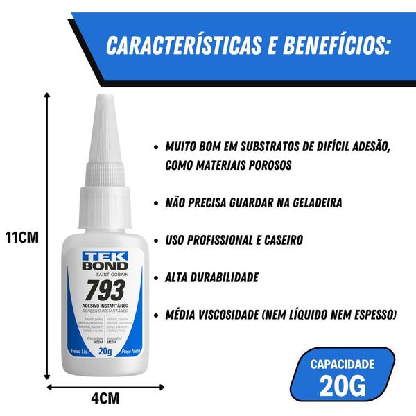 Imagem de Kit 10 Colas Instantanea TekBond 793 SuperBonde 20g Multiuso