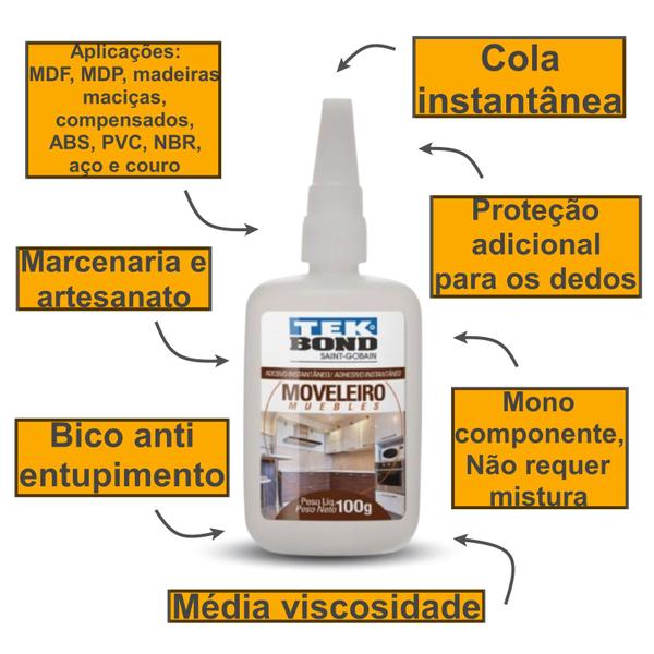 Imagem de Kit 10 Colas Instantâneo Moveleiro Tekbond 100g Madeira