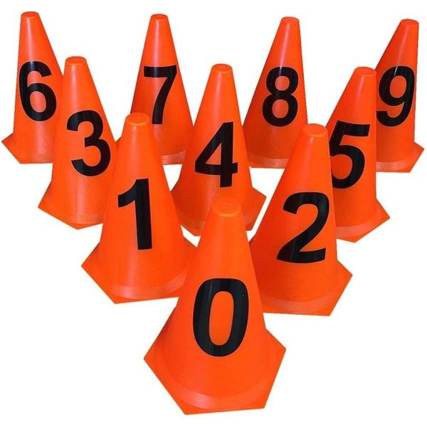 Imagem de Kit 10 Cones 23cm - Numerados 0 a 9 - Laranja - Treino de Agilidade e Funcional - LDM