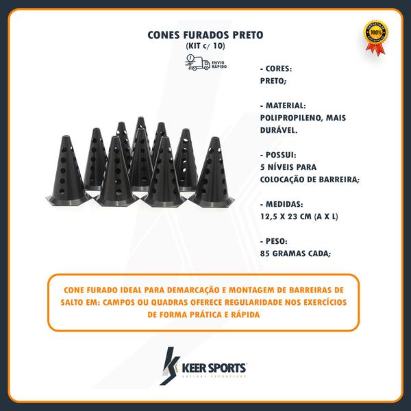Kit 10 Cones Funcional Demarcatórios Furados Preto 23 Cm - KeerSports Imagem de Kit 10 Cones Funcional Demarcatórios Furados Preto 23 Cm