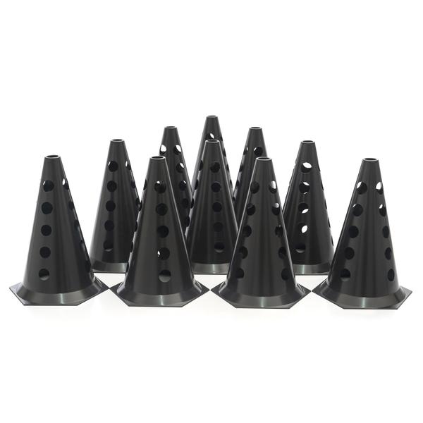 Kit 10 Cones Funcional Demarcatórios Furados Preto 23 Cm - KeerSports Imagem de Kit 10 Cones Funcional Demarcatórios Furados Preto 23 Cm