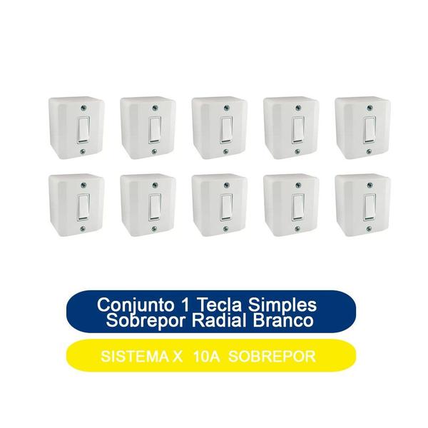 Imagem de Kit 10 Conjunto 1 Tecla Simples Sobrepor Sistema X 10A Radial Branco Completo