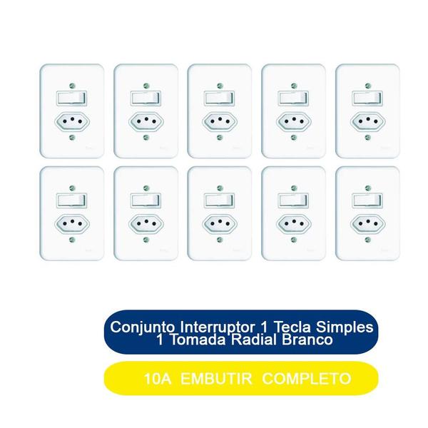 Imagem de Kit 10 Conjunto Interruptor 1 Tecla Simples 1 Tomada 10A Embutir Radial Branco Completo