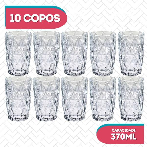 Imagem de Kit 10 Copos Diamante Resistente Luxo Transparente Grosso - 370 ML