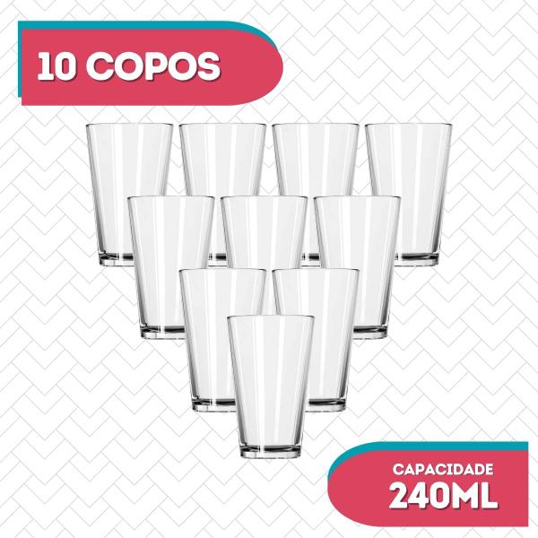 Imagem de Kit 10 Copos Londres 240ML Vidro Redondo Resistente Agua Suco