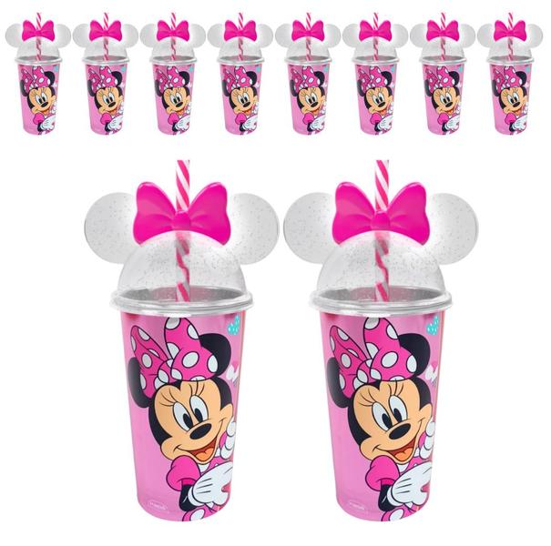 Imagem de Kit 10 Copos Shake 500ml Plasútil Com Canudo Minnie Rosa