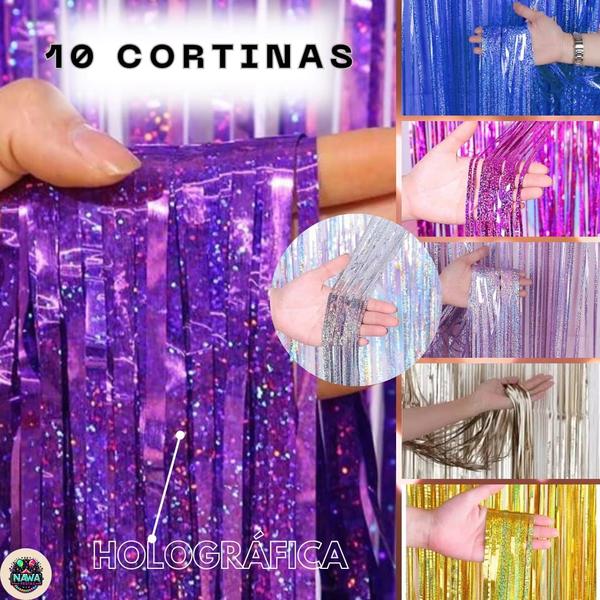 Imagem de Kit 10 Cortinas Metalizada Franja Holográfica Decoração Festa Balada Chá de bebê