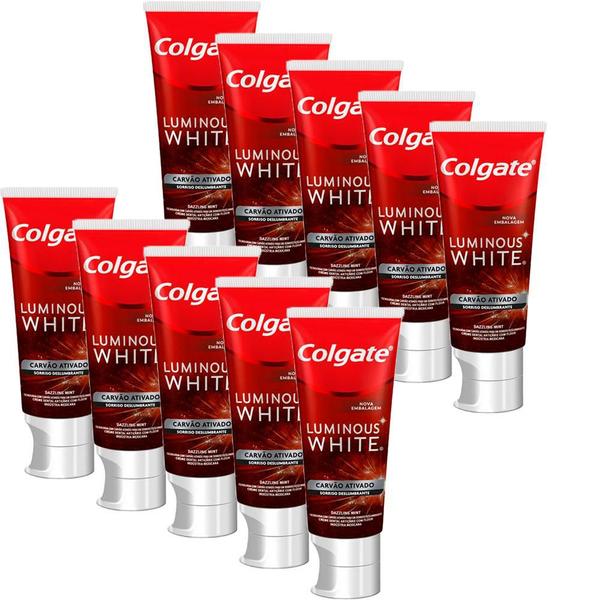 Imagem de Kit 10 Creme Dental Colgate Luminous White Carvão Ativado 70g