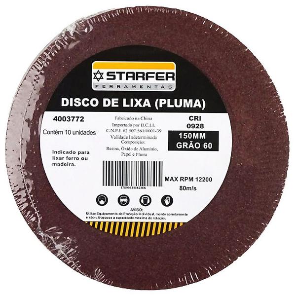 Imagem de Kit 10 Disco de lixa com pluma vermelho ferro 150mm Grão 60 Starfer