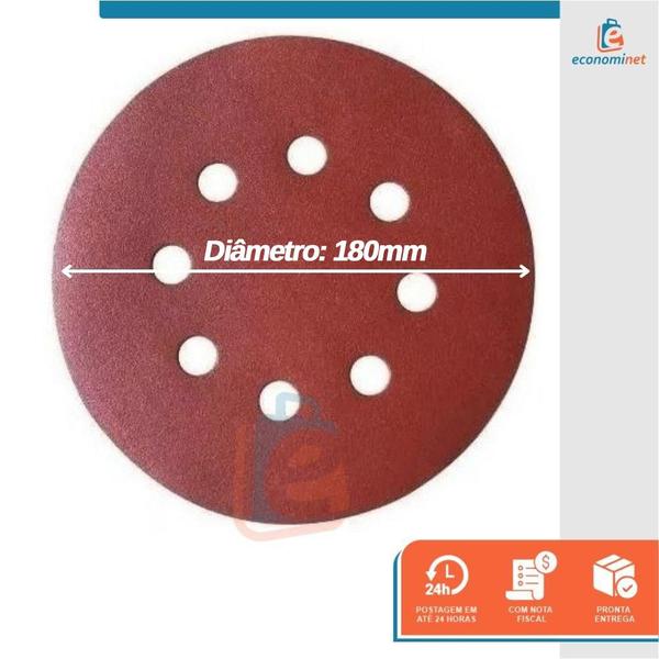 Imagem de Kit 10 Disco de Lixa Fecho Aderente Vermelho Pluma 8 Furos 180mm Grão 100