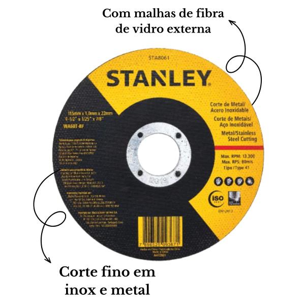Imagem de Kit 10 Discos de Corte Aço Inox Fino 4 1/2 Eixo 22,23mm Stanley Esmerilhadeira Ferro Aço Inox Metal