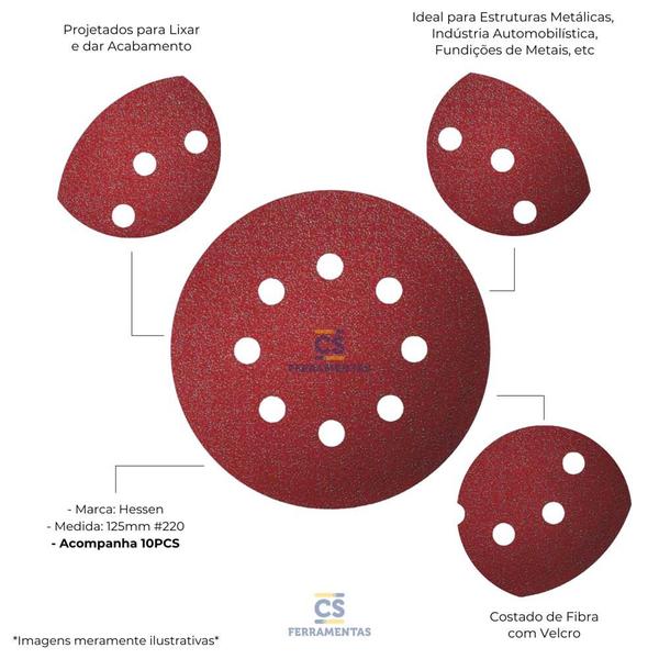 Imagem de Kit 10 Discos de Lixa 220 125mm com Velco Óxido de Alumínio Hessen