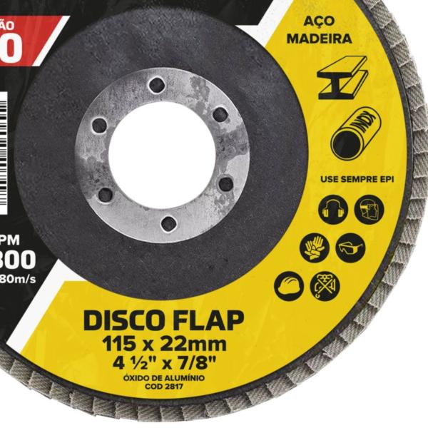 Imagem de Kit 10 Discos Flap 4.1/2" 115mm Abas Flexível Revestidas Grãos Fertak