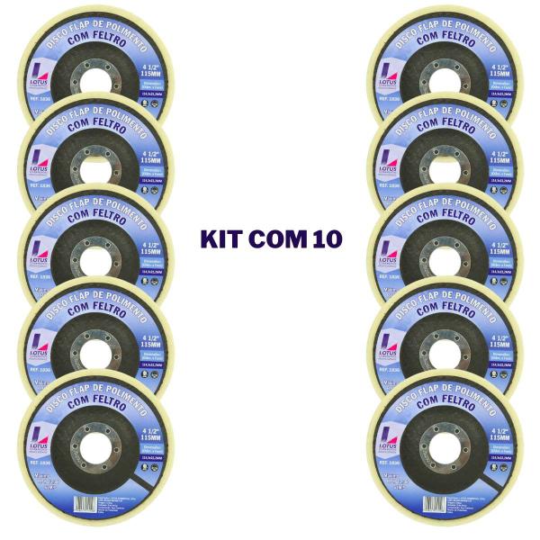 Imagem de Kit 10 Discos Flap de Polimento Inox com Feltro Liso 4.1/2 115mm Lotus 