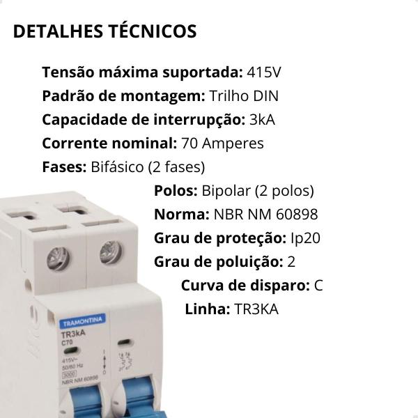 Kit 10 Disjuntor Bipolar DIN 70 Amperes Curva C Tramontina Imagem de Kit 10 Disjuntor Bipolar DIN 70 Amperes Curva C Tramontina