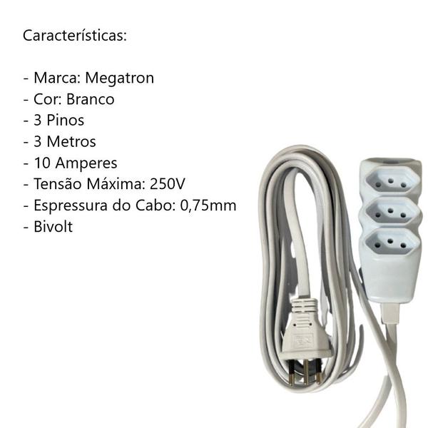 Imagem de Kit 10 Extensão Elétrica 3m 3p 10a 3 Tomadas Branco Megatron