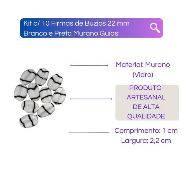 Imagem de Kit 10 Firmas De Búzios 22 Mm Branco E Preto Murano Guias