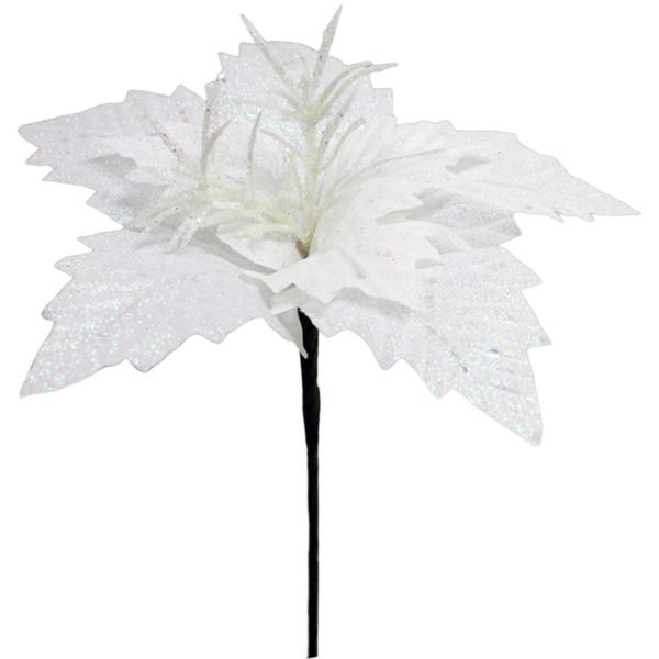 Imagem de Kit 10 Flores Artificial Gliter Branco Enfeite Natalino 25cm