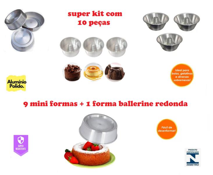 Imagem de Kit 10 Formas Com 9 Mini Forminhas Bolo Baby + 1 Forma Ballerine Redonda Para Bolo Vulcão Piscina